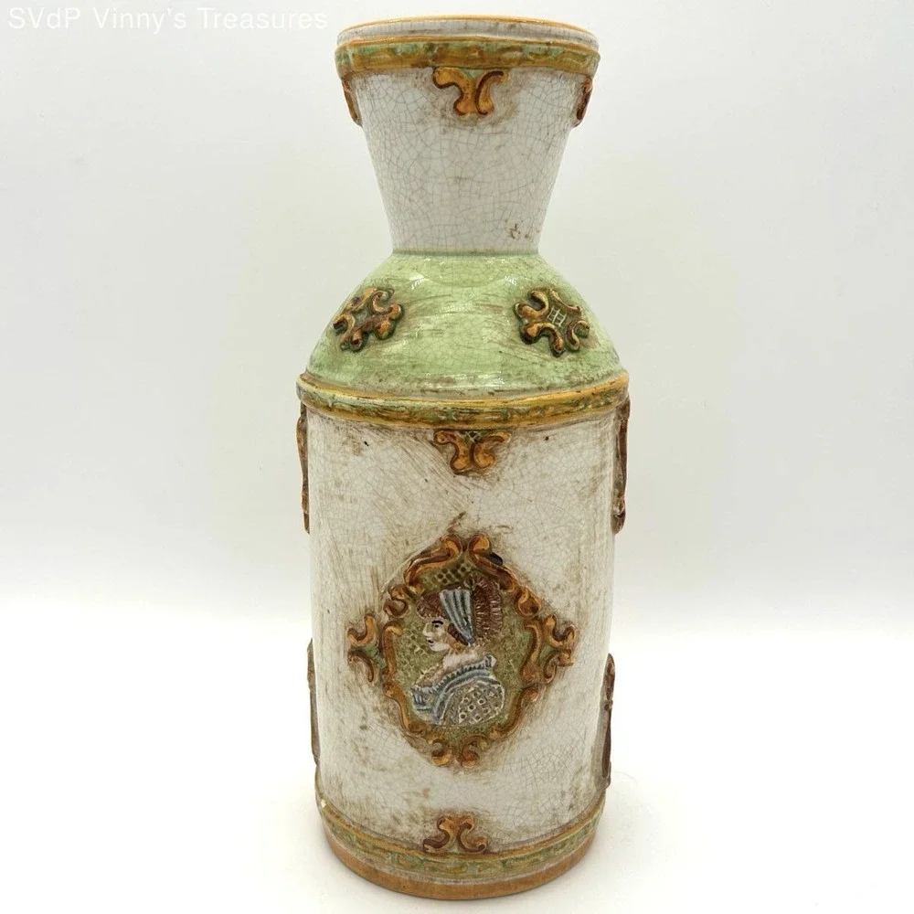 Vintage Italian Majolica Pottery Vase Hand Painted Crackle Glaze Figural Decor